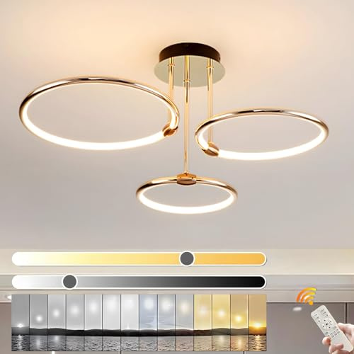 YYUTLUO LED Deckenleuchte, Ø56cm Goldener Metallkreis Kronleuchter, 60W Stufenlos Dimmbar 3000–6000K Moderner Runder Galvanisierter Anhänger Schlafzimmer Wohnzimmer Kinder Büro Arbeitszimmer (3 Ringe)