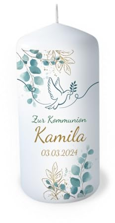 Candela Comunione personalizzata con nome come decorazione da tavolo Decorazione da tavolo Comunione Regalo Personalizzabile Amorevole Candela Eucalipto Piccione Animali Tempo di combustione: 35 ore,