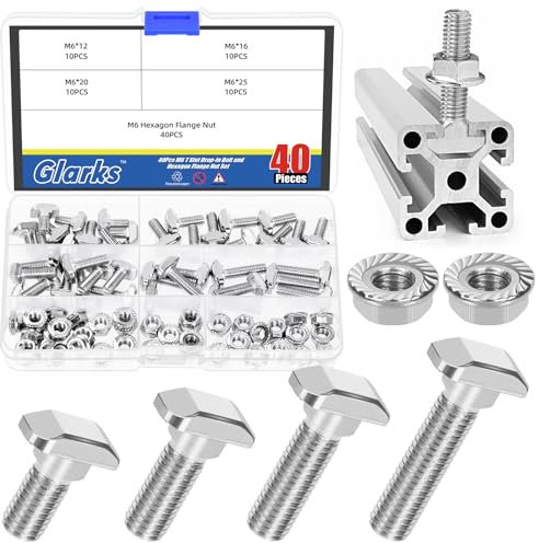 Glarks 80 bulloni a goccia M6 con scanalatura a T con set di dadi flangiati esagonali, 12/16/20/25 mm, bullone a T con testa a martello, vite a T per profilo in alluminio serie 30 standard europeo