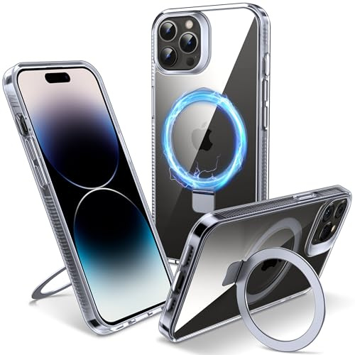 Flyzoo Magnetic Kickstand Case for iPhone 14 Pro, [Compatible with MagSafe & Invisible Ring Stand Holder] [Non-Yellowing & Shockproof] Clear Transparent Hard Silicone Edge Cover, 6.1'', Clear
