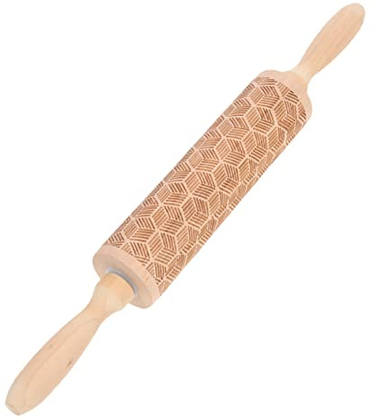 Mikinona Mattarello Decorativo in Legno di Faggio Stampa a Griglia, Antiaderente, Manico Sicuro e Robusto per Pizza e Decorazione Torte