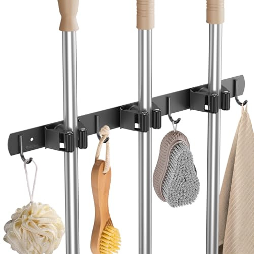 3 Position Wall Mounted Mop Holder, Stainless Steel Broom Hanger with Hooks | Heavy-Duty Grippers with Spring Rollers Secure Cleaning Tools Neatly; Ideal for Kitchen, Bathroom, Utility Room or Garden