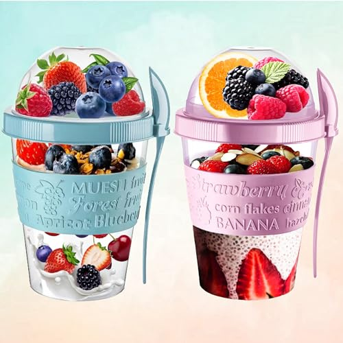 4 alla återanvändbara yoghurtkrukor 600 ml med sked flingförvaringsbehållare med lock lufttät över natten havre burk BPA-fri frukostkopp flingor när du är på språng diskmaskinssäker (paket 2 marmorblå