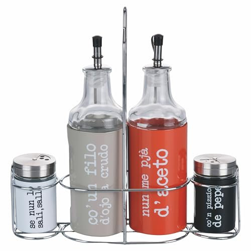 Villa d'Este Home Tivoli Set condimento olio, aceto, sale e pepe in vetro e acciaio inox, stand in ferro, S.P.Q.eRe