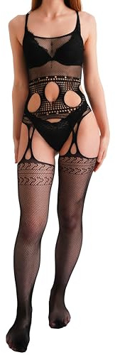 HO-Ersoka Damen Body Stocking fishnet | Catsuit grobmaschig Straps-Look | Netz Einteiler Dessous sexy schwarz XS-M