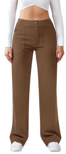 Friptspyg Pantalones de Las Señoras de Cintura Alta Anchos Botón de la Pierna Recta Casuales de Trabajo de Yoga Stretch con Bolsillos,Marrón XL