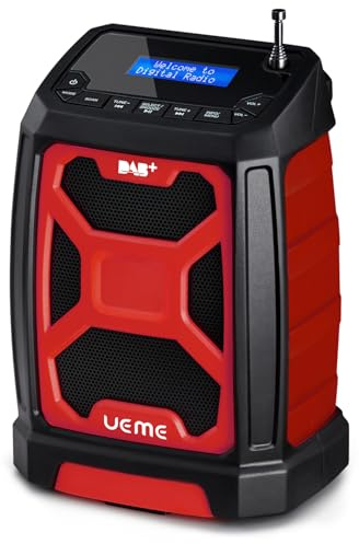 Baustellenradio Mit Akku Aufladbar (6000mAh), Tragbares DAB+/FM Radio, Bluetooth Lautsprecher & Dual Radiowecker,Starkem Empfang, Staubbeständig/Stoßfest für Baustelle/Camping/Garten (Rot)