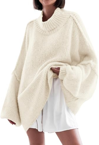 Saodimallsu Pullover Damen Oversized Fledermausärmel Strickpullover Einfarbig Elegant Rollkragenpullover Winter Casual Gestrickt Obertiele Pullis Beige M