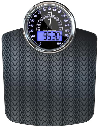 Adamson Hybrid 2-in-1 Analog & Digital Weighing Scale for Body Weight up to 180kg - Thick Tempered Glass - Extra Large Display - Easy to Read Digital Bathroom Scale - Black Matrix with Blue Backlight