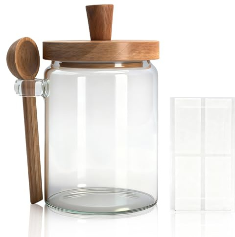 KQDRAVINE Bocaux Hermétiques, 550ml pot en Verre Premium avec Couvercle Bois et Cuillère, Rangement Cuisine Verre pour Café, thé, Céréales, pot à Epices Elégante avec Etiquettes