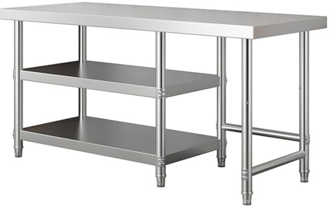 DHNDSDP Mesa de Trabajo Cocina Tres Niveles Taller con Espacio para Botellas Gas Estantes Almacenamiento Estructura Reforzada Patas Ajustables Alta Capacidad Carga