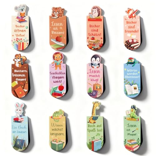Anruzon 12 Stück Magnetische Lesezeichen Kinder, Tiere Lesezeichen mit Sprüchen über das Lesen, Mitgebsel Kindergeburtstag 3 4 5 6 7 8 9 10 Jahre, Geschenk zur Einschulung Junge Mädchen