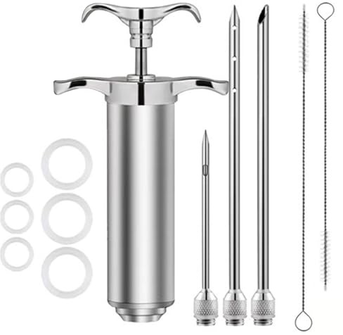 Kalkon Baster Set – 60 ml spruta i rostfritt stål med 3 nålar och rengöringsborste för grillning, köttinjektor för matlagning