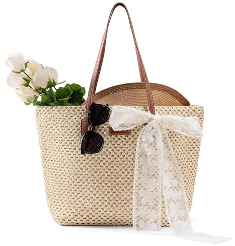 boshiho Summer Stroh Strandtasche Damen - 2026 Natürlich Geflochtene Handtasche, Groß Straw Bag Urbane Boho Trendy Beach Strohtasche für Reisen, Einkaufen, Urlaub, Pendeln (Light Beige)
