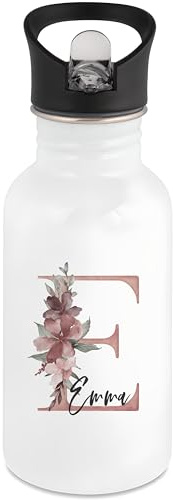 DEL MÀ Unique & Personal Trinkflasche Mädchen personalisiert mit Buchstaben & Namen Kinder Edelstahl Flasche mit Strohhalm Wasserflasche für Schule Kindergarten 500 ml