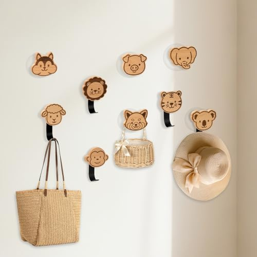 Mulaibdin 9 Stk Kleiderhaken Kinder, Garderobenhaken Kinderzimmer Holz, Wandhaken Selbstklebend Kinder, Tier Kindergarderobe Haken zum Bohren, Klebehaken Garderobe für Bad,Tasche,Mütze (B)