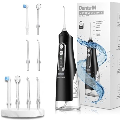 Denta-M Munddusche Set mit 4 Ersatzdüsen – DM14 Water Flosser – Kabellose Zahndusche mit 4 Modi, 310 ml Tank, IPX7 wasserdicht