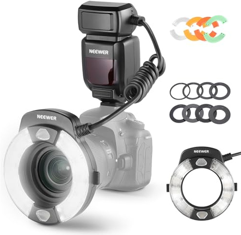 NEEWER RF1-C 76Ws Flash Anular Marco Compatible con Canon,Salida 1-1/128t,GN15,5600K,Cortinilla Delantera/Trasera Sincro TTL Cámara Flash Externo con Geles Color Adaptadores Objetivo Fotografía Macro
