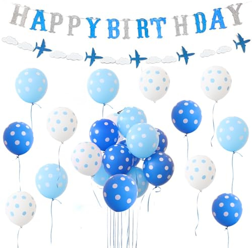 Flugzeug Geburtstag Dekorationen für Jungen blau Vintage Flugzeug Ballons Glitter Happy Birthday Banner Girlande für Wolke Flugzeug Thema Geburtstag Party Baby Dusche Dekorationen Zubehör