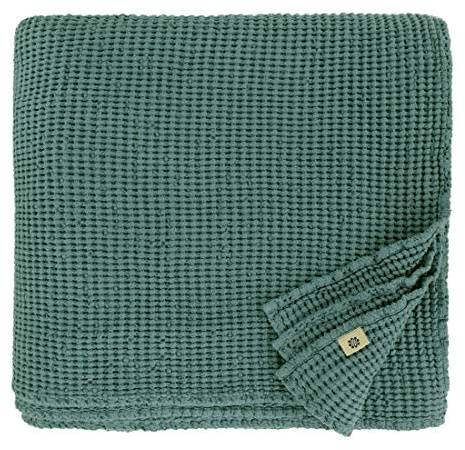 Linen & Cotton Plaid Decke Sommer Tagesdecke Waffelpique Enzo - 48% Leinen, 52% Baumwolle, Smaragd Grün (150 x 210 cm) Leinendecke Baumwolldecke Wohndecke Blanket Überwurf Bett Bettwäsche Bettüberwurf