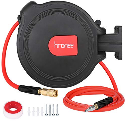 Hromee Air Compressor Hose Reel with Automatic Retractable Enclosed 3/8 Inch × 50 Feet Hybrid Pneumatic Hose, Fittings and Swivel Mount Bracket MAX. 300PSI