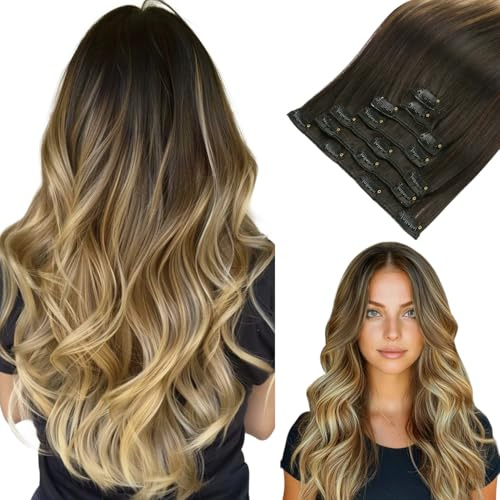 hotbanana Clip In Extensions Echthaar, Balayage Ombre Brown to Dirty Blonde Clip in Hair Extensions Real Human Hair Straight Remy Echthaar Extensions Clips 20 inch 120g 7pcs