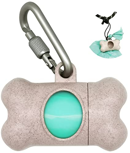 Dog Poop Pickup Bags Holder Dispenser with 1 Roll Random Color Leak-proof Scented Doggy Waste Bags and Carabiner with Safety Lock Plus Hook and Loop Fastener Never Loose on Leash Lead Again (Beige)