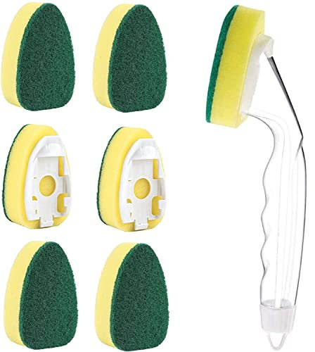Sponge Dishwashing Wand, 1Pcs Detachable Long Plastic Handle Automatic Liquid Sponge Cleaning Brush with 6Pcs Sponge Brush Heads, Cleaning Stains for Kitchen Tableware Pot Stove Sink Door Window