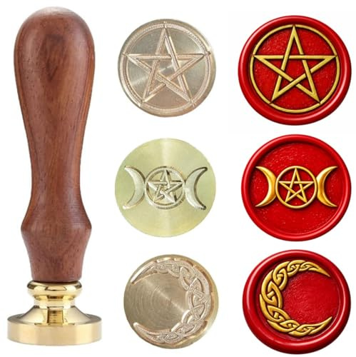 Pentagramtree Wachssiegelstempel-Set, Kupfersiegel mit Holzgriff, Vintage-Wicca- und keltischer Knoten-Designs (Pentagramm, Dreifachmond, Halbmond)