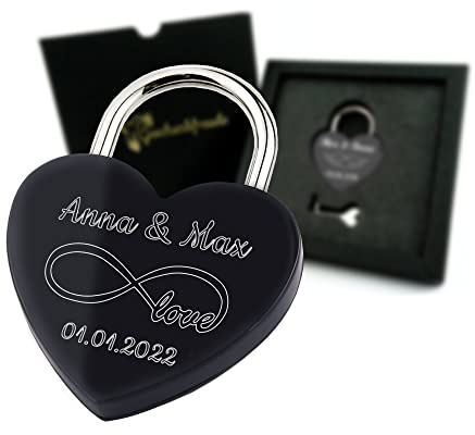 Geschenkfreude Liebesschloss mit Gravur - Herzschloss mit Schlüssel Schwarz | Valentinstagsgeschenk, witterungsbeständig, personalisiert, Schloss mit Gravur, Pärchengeschenk, Geschenke für Paare
