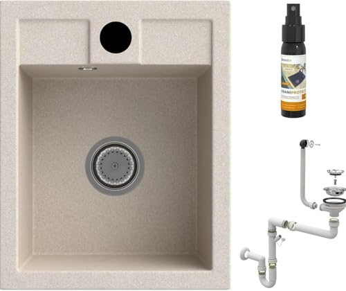 Granitan BEST Küchenspüle, Spüle aus Granit mit Siphon Chrom, Helles Beige | Spülbecken mit 1 Becken Sieb und Imprägniermittel, Einbauspüle 40x50 cm, Helles Beige