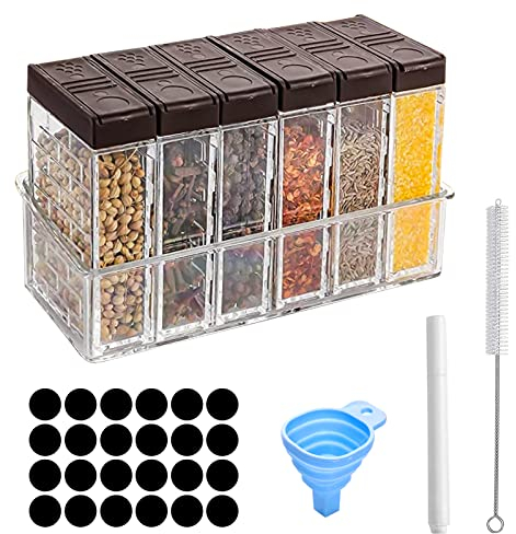 Gewürzgläser Eckig Set 6 Stück Camping Gewürzdosen Gewürzbehälter Kunststoff Klein Gewürzbox Gewürzstreuer Gewürz Organizer mit Tablett, Trichter, Aufklebern, Reinigungsbürste, Kreidestift