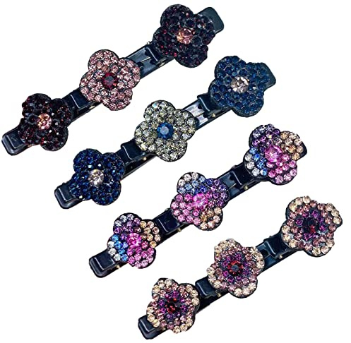4er Set Stilvoll Kolibri-Haarspange mit Kristallblume, Haarschmuck für Frauen Damen, Vierblättriges Haarnadel-Entenschnabel-Clip mit Strass-Haarspange, Modische Doppelschicht-4 FARBEN