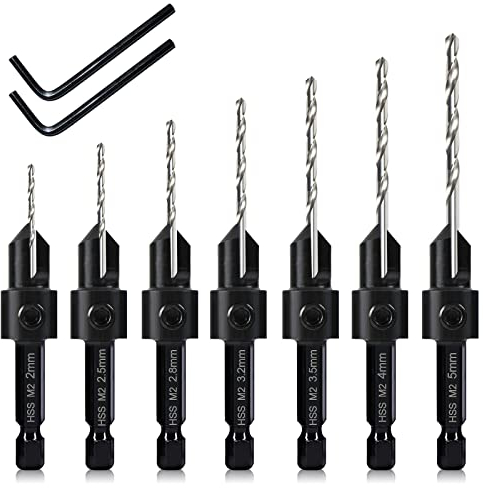 7-teiliges Senkbohrer-Set, Holzbohrer, Senkbohrer, Senkbohrung, 3-in-1, drei 82-Grad-Fasenschneider, M2-Senkbohrung, Schnitttiefe verstellbar, mit 2 Inbusschlüsseln und 6-mm-Sechskantschaft