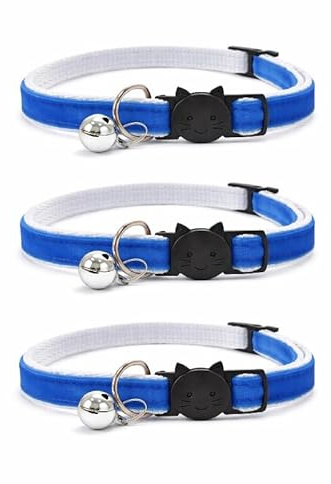 Katt halsband i sammet med klocka. Säkert brytspänne, snabbfrigörande spänne. Finns i katt- och kattunge storlek (paket med 3) (kattungehalsband (15 cm - 23 cm), blå sammet (paket med 3))