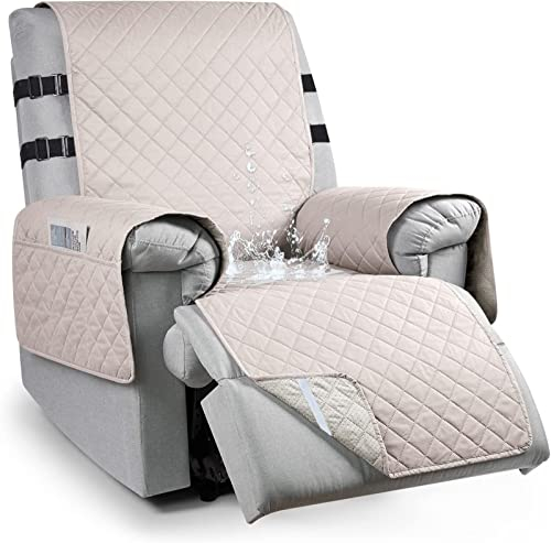 RAPRAP 100% Wasserdicht Sesselschoner für Fernsehsessel, Anti-Rutsch Sesselschoner mit Taschen Armlehne, 1 Sitzer Sesselauflage Passend für Zuhause mit Kindern und Haustieren Hund, Khaki, L