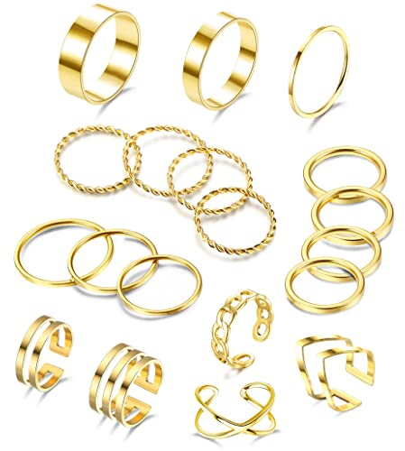 ADRAMATA 19pc Anelli Donna Acciaio Inossidabile per Nocche, Impilabili Argento/Oro, Semplici e Regolabili Gioielli
