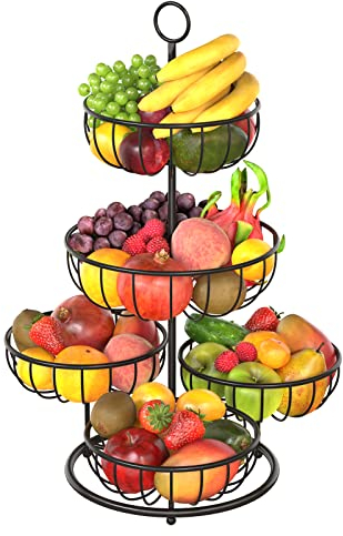 PouHenier.jh 5 Etagen Schwarz Obstkorb Obstschale, Groß Mehrstöckig Küche Gemüsekorb, Hoch Metall Obst Gemüse Etagere Aufbewahrung Obstregal, Modern Stabiles Eckig Obstbehälter, Einfache Einrichtung