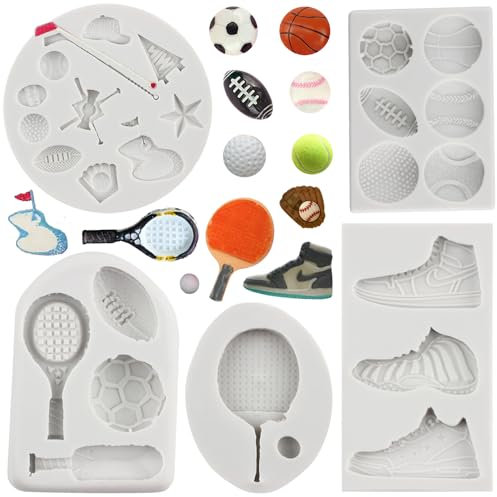 MYPRACS Ball Silicone Molds Football Baseball Basketball Rugby Tennis Fondant Mold Sneakers Sports Shoe Mold For Cake Decorating Cupcake Topper Candy Chocolate Gum Paste Polymer Clay Set Of 5
