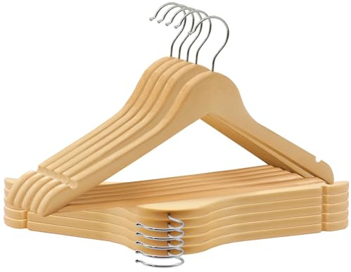 ABHENG Kleiderbügel Holz 10 Stück, Holzbügel mit Rutschfester Hosensteg und 360° drehbarer Haken, Einkerbungen im Schulterbereich, Hergestellt aus Naturholz, 44,5B x 23H cm, Naturfarben, AWY0310N