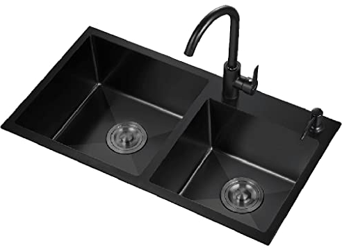 WhfPs Küchen-Barspüle, Doppelwaschbecken aus Edelstahl mit Winkelhahn und Abfluss, Arbeitsplatte oder Unterbau (Farbe: Schwarz, Größe: 78 x 43 x 20 cm)