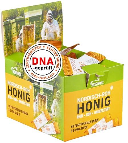 Nordmel Honig Päckchen, 60er-Packung - 8gr pro Päckchen - purer cremiger Naturhonig - ungefiltert, nicht pasteurisiert, kristallisiert und nachhaltig