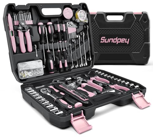 Sundpey Werkzeugkoffer Gefüllt 281tlg - Tragbares Komplett Werkzeug Sets Werkzeugkoffer mit Steckschlüsselset Schraubendreherset Metrischem Inbusschlüssel Zangen Werkzeugkasten Rosa
