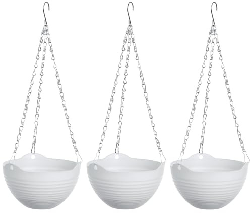 PATIKIL 3-Pack Plastic Self-Watering Hanging Planters 8 Inch White | Garden Flower Pot, Container Baskets, with Chain and Drainer, for Indoor, Outdoor