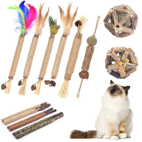 TINDTOP Cat Chew Toys, 12 Pack Silvervine Chew Sticks with 2 Pack Cage Balls for Kittens Teeth Cleaning, Matatabi Dental Care, Increase Appetite, Aggressive Chewers Cat Dental Toy