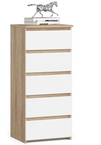 AKORD | Cómoda con 5 cajones | Cómoda Alta | Mueble Moderno para Sala de Estar, Comedor, Dormitorio, Entrada, baño | Armario para habitación Infantil | 35x40x92 cm | Roble Sonoma & Blanco Frente