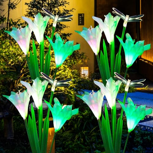 ZQX Solar Lights for Outdoor Garden, Pack of 4 Waterproof Solar Flower Lights with Dragonflies, Multicoloured Changing Landscape Solar Garden Lights for Patio, Lawn, Garden Decoration