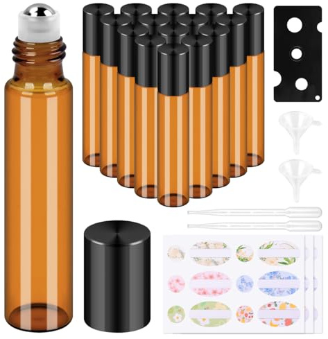 BELICOO Roll on Flasche Leer 10ml, 15 Stück Braune Ätherische Öle Roller Glasflaschen mit Pipette Edelstahl-Roller Ball für Parfüms, Kosmetika, Aromatherapie, Massage (Schwarzer Deckel)