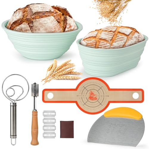 HUIJUTCHEN Gärkorb zum Brotbacken, Gärkörbchen groß zum Brot backen Zubehör für perfekt geformtes Enthält Brotkinfe, Reinigungsbürste und Leinenbezug, perfekt für professionelles Brotbacken (Silikon)