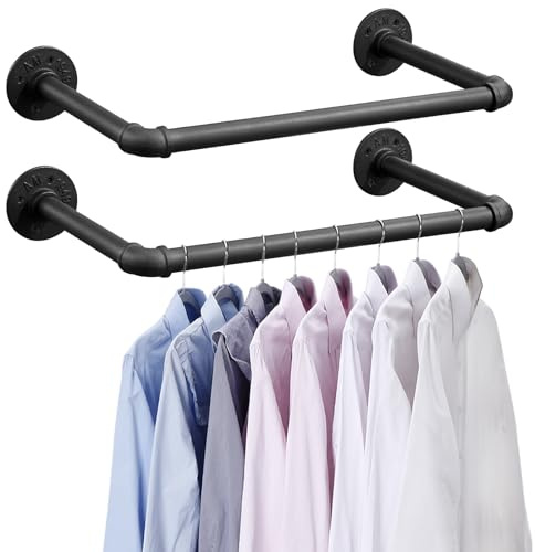 BOSHANGJIA Industrial Pipe Clothes Rack Set of 2, 21” Heavy Duty Wall Mounted Clothing Rack Multi-Purpose Garment Bar, Space-Saving Hanging Rod for Laundry Room,Closet Storage